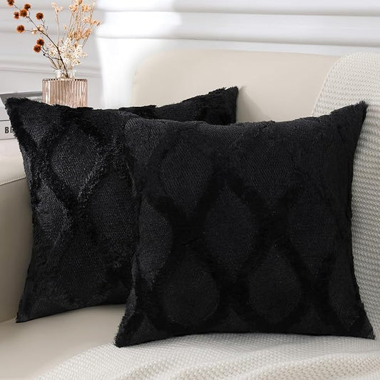 decorUhome Throw Pillow Covers 20x20 Inch Set of 2, Soft Plush Faux Fur Wool Black Couch Pillow Covers, Decorative Neutral Pillow Cases for Bed Sofa Living Room Home Decor