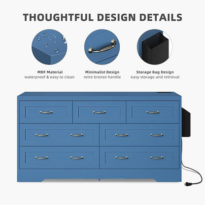 YITAHOME Drawers TV Stand for 65 inches with Power Outlets -Chest of Drawers Dresser with Side Organizer Bag Entertainment Center TV Console, Blue