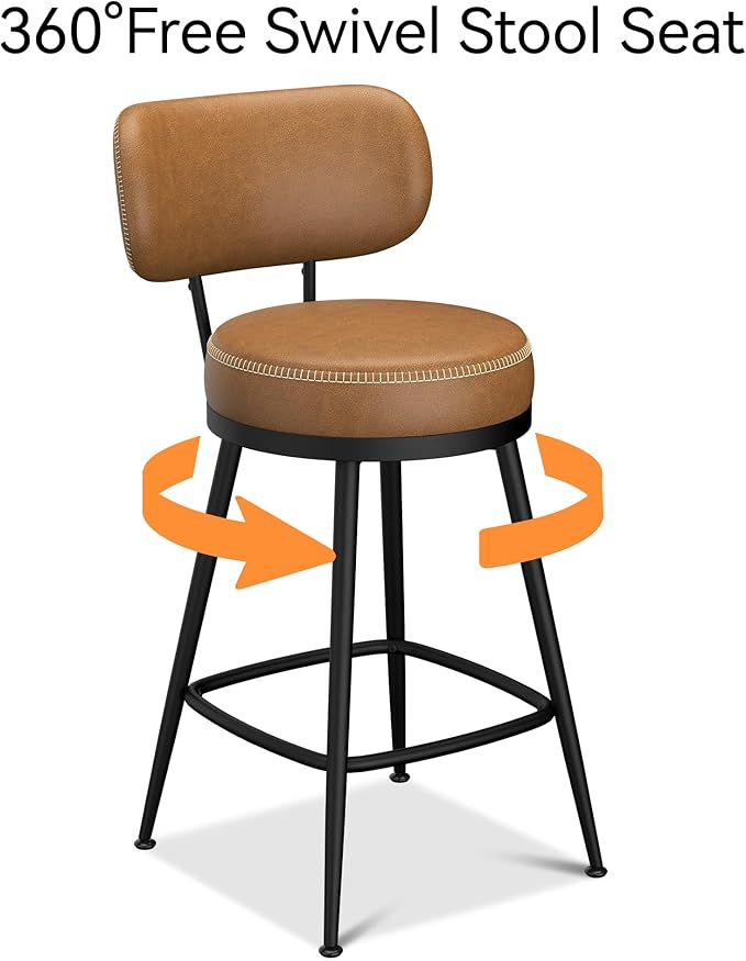 Counter Height Bar Stools, 26" H Swivel Barstools Set of 6, Faux Leather Kitchen Counter Stools with Back and Stylish Stitching, Metal Frame, Pub, Home Bar, Whisky Brown