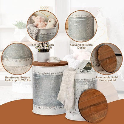 Poofzy Farmhouse End Tables Set of 2, Galvanized Metal Decor Side Table with Wood Lid, Coffee Table Storage Stool for Living Room (White)