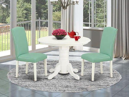 East West Furniture SHEN3-LWH-57 3 Piece Kitchen Table & Chairs Set Contains a Round Dining Room Table with Pedestal and 2 Pond Faux Leather Parsons Dining Chairs, 42x42 Inch, Linen White