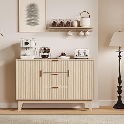 Garvee 47.2" Fluted Buffet Cabinets with Storage, Sideboard Storage Cabinet with 3 Drawers and 2 Doors, Modern Mid Century TV Stand Coffee Bar Furniture for Living Room, Kitchen, Entryway- Oak