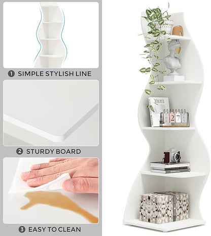 Tribesigns Corner Shelf, Modern 5-Tier Wall Corner Bookshelf, Stylish Corner Small Bookcase Storage Rack Plant Stand with Unique Shape for Living Room, Home Office (White, 1PC)