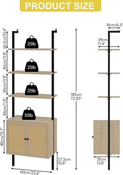 Yusong 73" Tall Bookshelf with Cabinet, Industrial Ladder Wall Mount Shelf Rattan Bookcase with Wood and Metal Frame, Plant Shelf Wall Storage Display for Living Room Bedroom,Light Ivory Brown