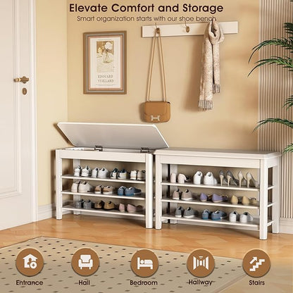 Shoe Rack Bench Seat Rubberwood 3-Tier Wooden Storage Bench 550lbs Compact Mid-Century Modern Design for Entryway, Hallway, Closet, Front Door Entrance, Foyer