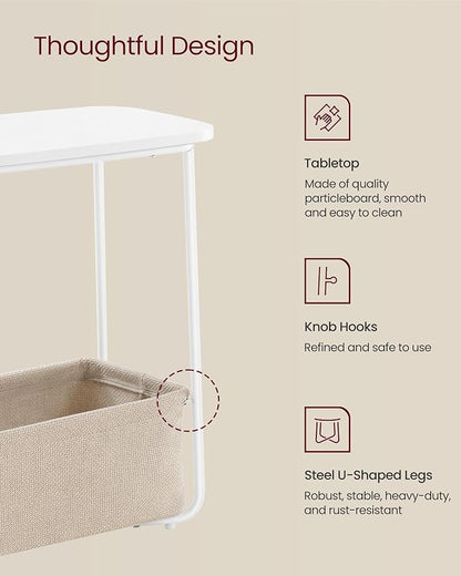 VASAGLE End Table, Small Bedside Table with Fabric Basket, Modern Nightstand, Rectangular Side Table, for Living Room, Bedroom, Matte White and Camel Brown ULET230W10