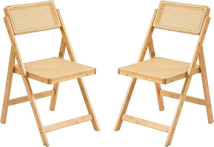 Rattan Folding Chairs, Modern Mid Century Dining Chairs Set of 2, Outdoor Bamboo Chair for Bedroom Living Room Reading Room Dining Kitchen, Wood