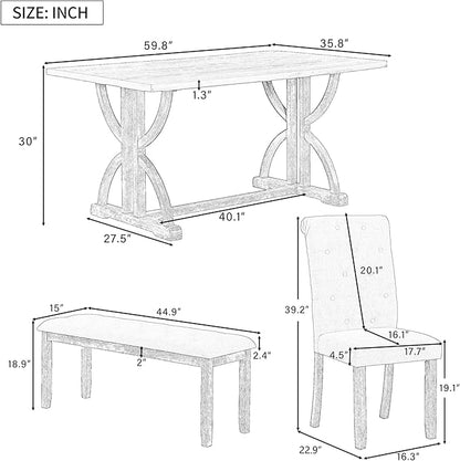 Ball & Cast 6-Piece Dining Table Set, 60" Rectangular Dining Table with 4 Upholstered Chairs & 1 Bench for Dining Room and Kitchen Natural Wood Wash