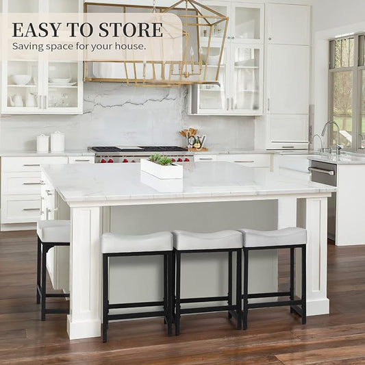 Off White Counter Height Bar Stools Set of 2, 24" White Bar Stools for Kitchen Counter with Saddle Cushion, Modern Backless Barstools Counter Stools Island Chair for Bar Kitchen