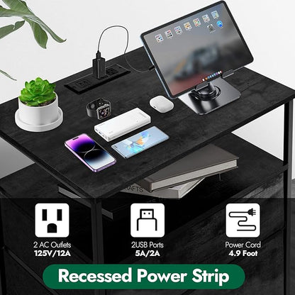 3 Drawers Dresser with Charging Station, 24 Inch Wide LED Night Stand Set 2 with Adjustable Fabric Drawer, Nightstand with Storage Shelf for Living Room/Bedroom/Office, Black.