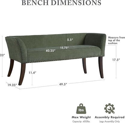 Madison Park Accent Bench, Plush Upholstered, Nailhead Trim, & Padded Seat Entryway Bench Small, End of Bed Bench with Back, 49.5" W x 19.25" D x 23" H, Green
