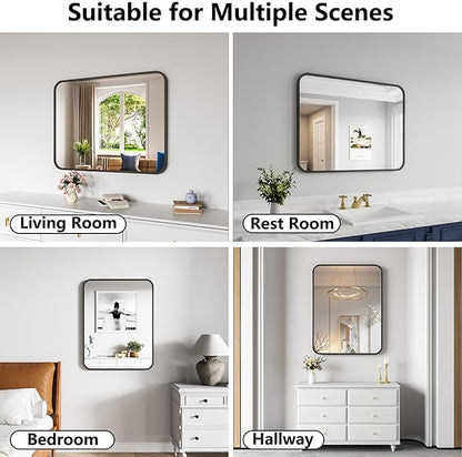Bathroom Mirror, 28X36 Inch Black Metal Framed Mirror for Bathroom, Tempered Glass, Anti-Rust, Rounded Rectangle Mirror for Restroom, Bedroom, Black