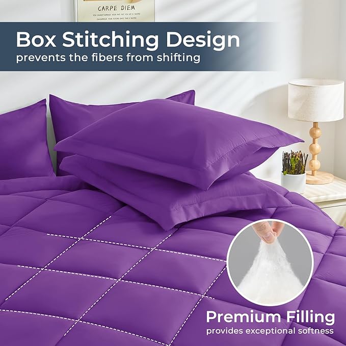HEVUMYI Purple Queen Comforter Set - 7-Piece All Season Bed in a Bag Queen, Ultra Soft Bedding Set with Comforter, Flat Sheet, Fitted Sheet, Pillowcases, Pillow Shams