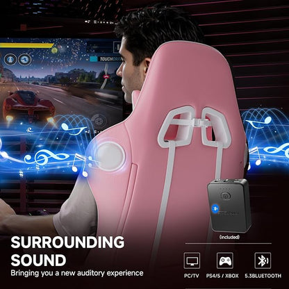 GTPLAYER Gaming Chair with Bluetooth Speakers and Footrest, Ergonomic Gamer Chair with Reclining Backrest, 3D Armrests, Adjustable Seat Height, Computer Desk Chair for Adults (Pink)