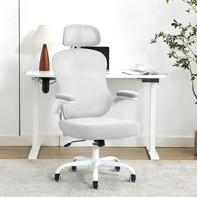 Ergonomic Office Chair,Ultra Thick Office Desk Chair with Adjustable Lumbar Support and Headrest,Spring Cushion,Rocking Function,Flip-up arms,Mesh Computer Chair for Home Office,Grey