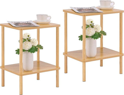 Apicizon 2 Tier End Table Set of 2, Small Side Table with Solid Wood Legs, Boho Bedside Table with Storage Shelf, Nightstand for Small Spaces, Bedroom, Living Room, Entryway, Easy Assembly, Natural