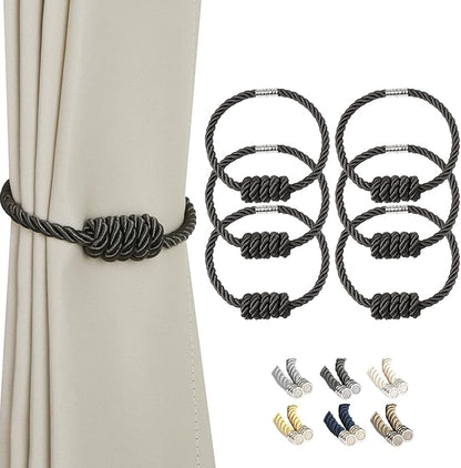 BEL AVENIR Magnetic Curtain Tiebacks, Decorative Drapery Holdbacks Modern Woven Tie-Backs with Exquisite Knot (Charcoal, 6 Pack)