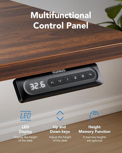 HUANUO 63" x 28" Electric Standing Desk Adjustable Height, 4 Memory Height Settings, Headphone Hook, Cable Manager, Sit Stand Up Desk for Home Office & Computer Workstation, Walnut