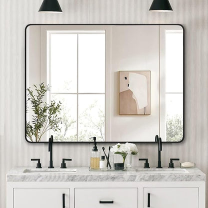 36"x48" Bathroom Wall Mirror with Matte Black Metal Frame & HD Glass, Copper-Free Mirrors Modern Rectangle Round Corner Framed Vanity Mirror - Horizontal or Vertical Installation