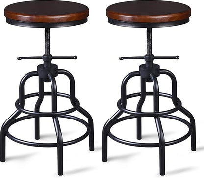 LOKKHAN Vintage Industrial Bar Stool - Rustic Swivel - Round Wood Metal - Kitchen Counter Height Adjustable - Pipe Stool - Cast Steel - 20-27 Inch (Set of 2)