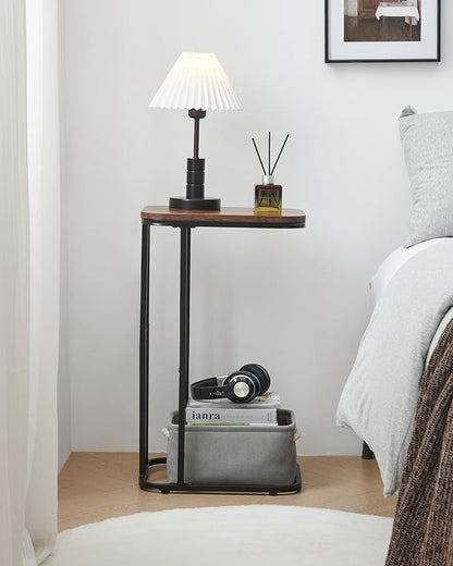 C Shaped End Table, 27 Inches High Small Side Table for Sofa and Bed, Couch Table That Slides Under, Tall Tv Tray Table for Living Room, Bedroom, Metal Frame, Rustic Brown & Black