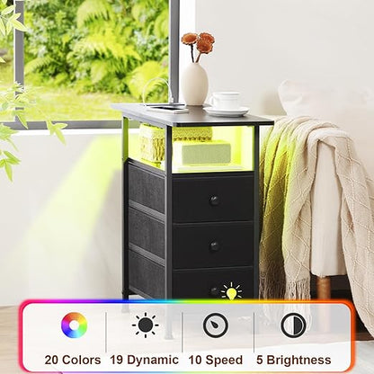 AMHANCIBLE Narrow End Table Living Room with Charging Station, Slim LED Nightstand with Fabric Drawers, Skinny Side Table for Bedroom, Small Spaces, Couch, Black, HETN013LBK-1