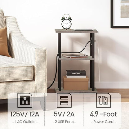 TUTOTAK Small Narrow Side Table with Charging Station, Set of 2 Skinny End Table for Small Spaces, Slim Nightstand with USB Ports and Outlet,Sofa Beside Table with Wheels, Greige TB01BG047
