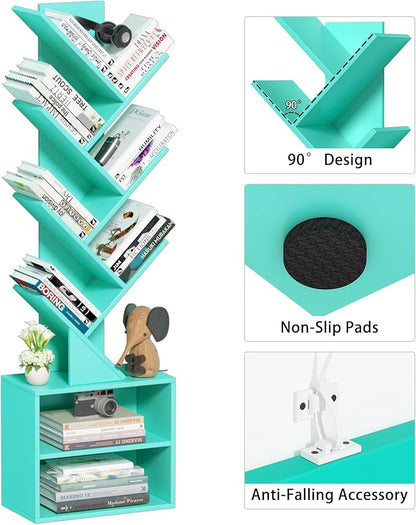 10 Tier Tree Bookshelf,Floor Standing Wood Tall Bookcase for Narrow Space, Storage Organizer Bookshelves for Books, Book Case for CDs/Movies/Books,Home Office,Living Room, Bedroom