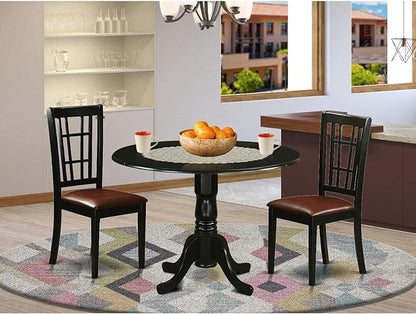 East West Furniture DLNI3-BLK-LC 3 Piece Dining Table Set for Small Spaces Contains a Round Dining Room Table with Dropleaf and 2 Faux Leather Upholstered Chairs, 42x42 Inch, Black