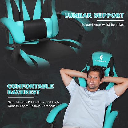 Gaming Chair with Linkage Armrest & Footrest, High Back Video Gaming Chair, Black/Light Blue