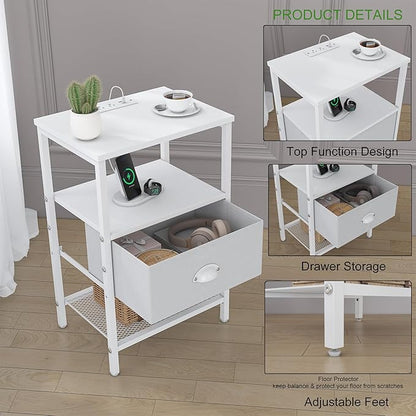 Sthmec Nightstands Set of 2, LED Bedside Tables with Charging Station and Fabric Drawer, Night Stand with Storage, 3 Tier Side Table with Open Shelf, LED Nightstand with Charging Station, White