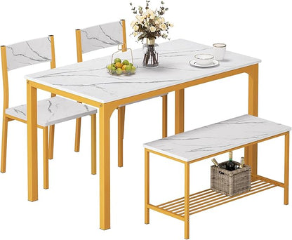 SogesHome 4-Piece Kitchen Table and 2 Chairs for 4 with Bench, Dining Table Set for Small Space, Apartment, Living-Room, Restaurant, Golden