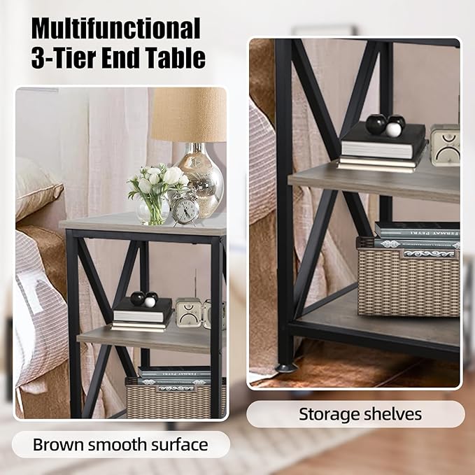 End Tables Living Room Set of 2, 16" D x 16" W x 24" H, Indoor Side Tables Living Room with Storage Shelf, Square End Table Set of 2, X-Shaped Night Stands for Bedroom, Farmhouse Wood End Tables, Grey