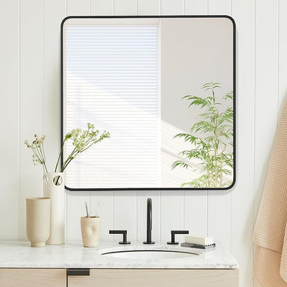 30x30 Inch Rectangle Bathroom Mirror with Black Metal Frame, Rounded Corner Rectangular Vanity Mirror for Wall, Modern Large for Bedroom, Living Room, Horizontal or Vertical