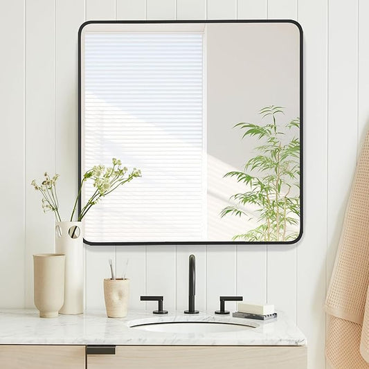 36x36 Inch Rectangle Bathroom Mirror with Black Metal Frame, Rounded Corner Rectangular Vanity Mirror for Wall, Modern Large for Bedroom, Living Room, Horizontal or Vertical
