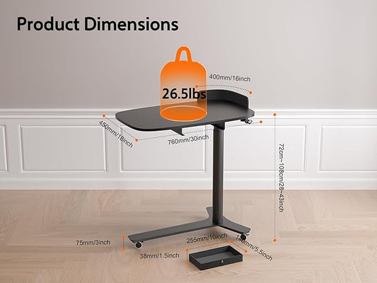 Rolling Adjustable Height Desk with Drawer and Wheels, Portable Small Standing Desk Pneumatic for Home Office, Mobile Computer Laptop Cart, Medical Sofa Overbed Table, Black