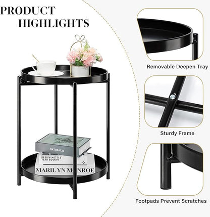 danpinera 2-Tier Round Side Table, Metal End Table with Removable Tray, Small Outdoor Table Accent Table, Anti-Rust Black Nightstand for Bedroom Balcony Patio (Black)