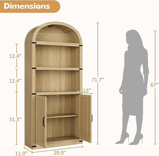 GarveeHome Bookcase with Doors Arched Bookshelf 71.65in Tall Bookcase Farmhouse Cabinet with Shelves Wooden Bookshelves for Home Office, Living Room (Light Oak)