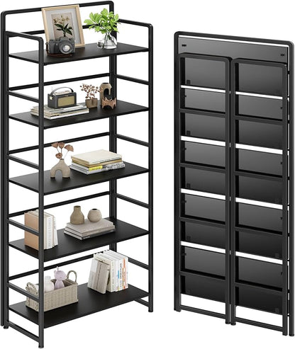 No Assembly Folding Bookshelf, 5 Tiers Collapsible Book Shelf for Home Office, Vintage Wood Foldable Bookcase Storage Organizer for Living Room Bedroom (Black)