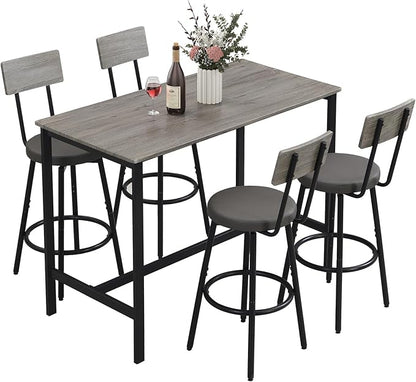Dining Table Set for 4, 5-Piece Bar Table Set, Kitchen Table and Chairs, Counter Height High Top Table with 4 PU Upholstered Stools, Space-Saving Pub Table Sets for Small Space, Gray