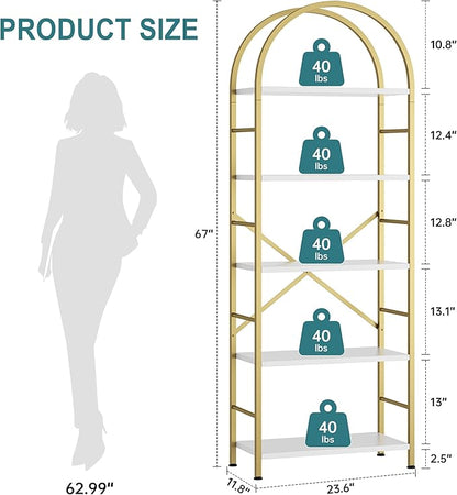 Shintenchi Bookshelf, Arched Bookshelf 5 Tier Bookcase Shelf for CDs/Books, Home Office Bookcase Shelf Storage Organizer, Modern Book Shelf for Bedroom/Living Room, Gold
