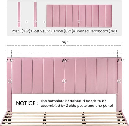 SHA CERLIN King Bed Frame/Velvet Upholstered Platform Bed Frame with Headboard/Strong Wood Slats Support/Mattress Foundation/No Box Spring Needed - Pink