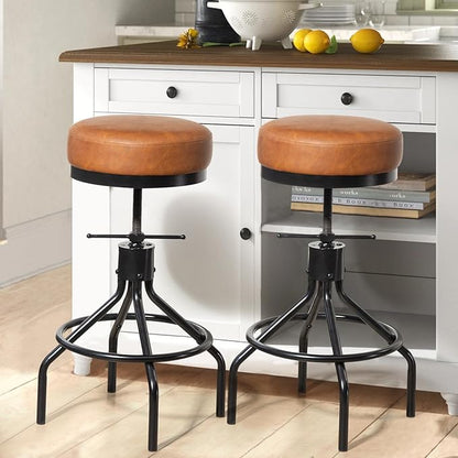 Industrial Bar Stools Set of 2 Adjustable Swivel Round Barstools Modern PU Leather 28inch Backless Counter Height Stool Metal Bar Chair for Kitchen Island (2, Brown)