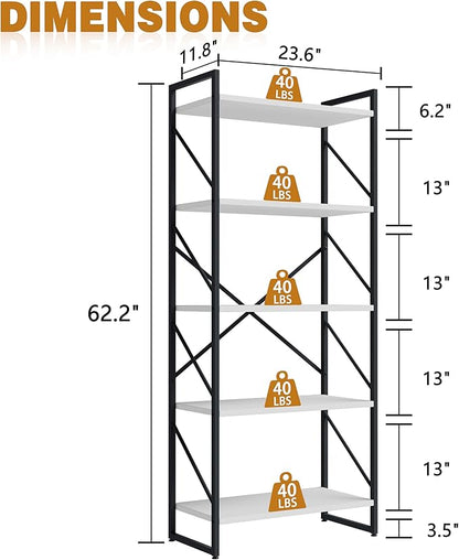 Bookshelf, 5 Tier Bookshelves, Home Office Bookcase Shelf Storage Organizer, Free Standing Storage Shelving Unit for Bedroom, Living Room and Home Office,White