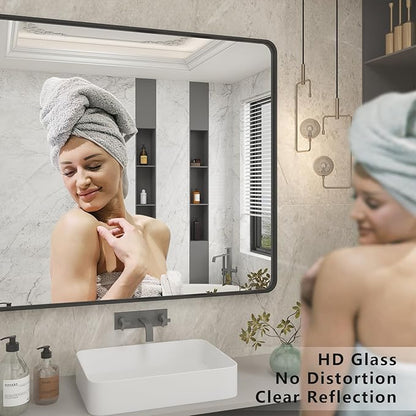 44x36 Inch Black Metal Framed Bathrrom Mirror for Wall, Black Matte Rounded Rectangle Bathroom Vanity Mirror, Anti-Rust, Tempered Glass, Hangs Horizontally or Vertically