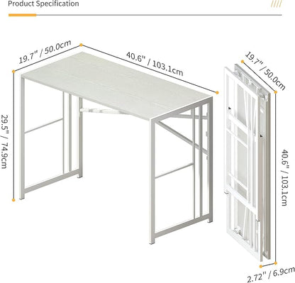 Folding Desk 40 inch Writing Gaming Computer Camping Table, No Assembly Required Home Office Desk, White