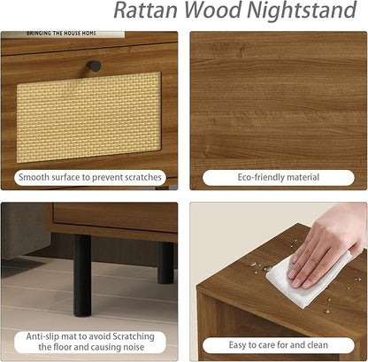 Rattan Nightstand with Storage Boho Modern Farmhouse Bedside Table with Drawer & Open Shelf Light Wood End Table for Bedroom, Living Room, Office, Dorm - Natural Walnut 0ak Color
