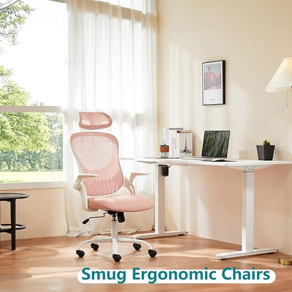 SMUG Office Desk Chair - Ergonomic High Back Computer Task Chair with Comfy Lumbar Support and Adjustable Headest, 360° Swivel, Flip-up Armrest for Home, Bedroom, Gaming, Study, Student, Pink