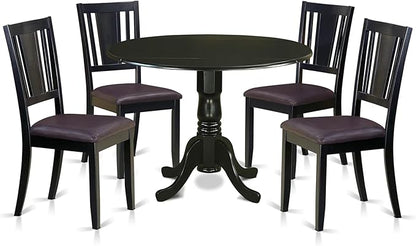 East West Furniture DLDU5-BLK-LC 5 Piece Modern Dining Table Set Includes a Round Wooden Table with Dropleaf and 4 Faux Leather Kitchen Dining Chairs, 42x42 Inch, Black