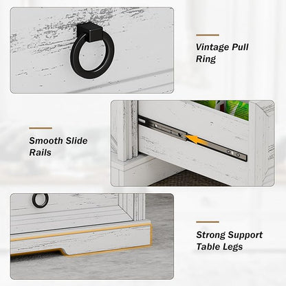 Farmhouse Coffee Table with Drawers 47 in Living Room Tables with Storage, Wooden Rustic Center Table for Reading Playing Room Home Accent Table for Dining Room Apartment, Antique White Walnut